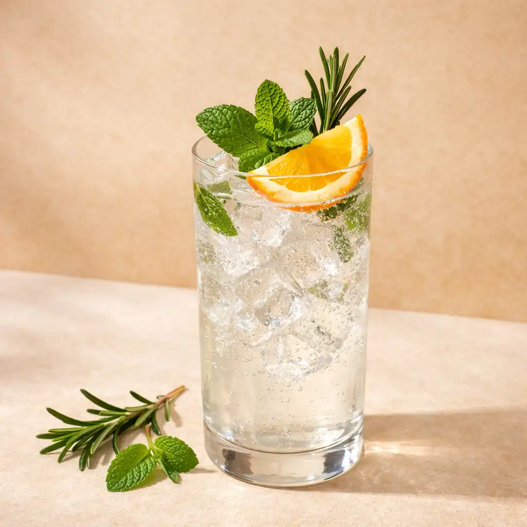 Elegancki mocktail 0.0% w szklance highball z lodem, świeżymi ziołami i plasterkiem cytrusa